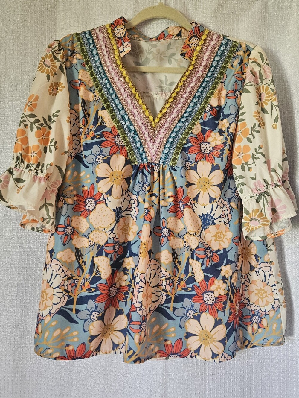 Floral V-Neck Peasant Dress - Multicolor